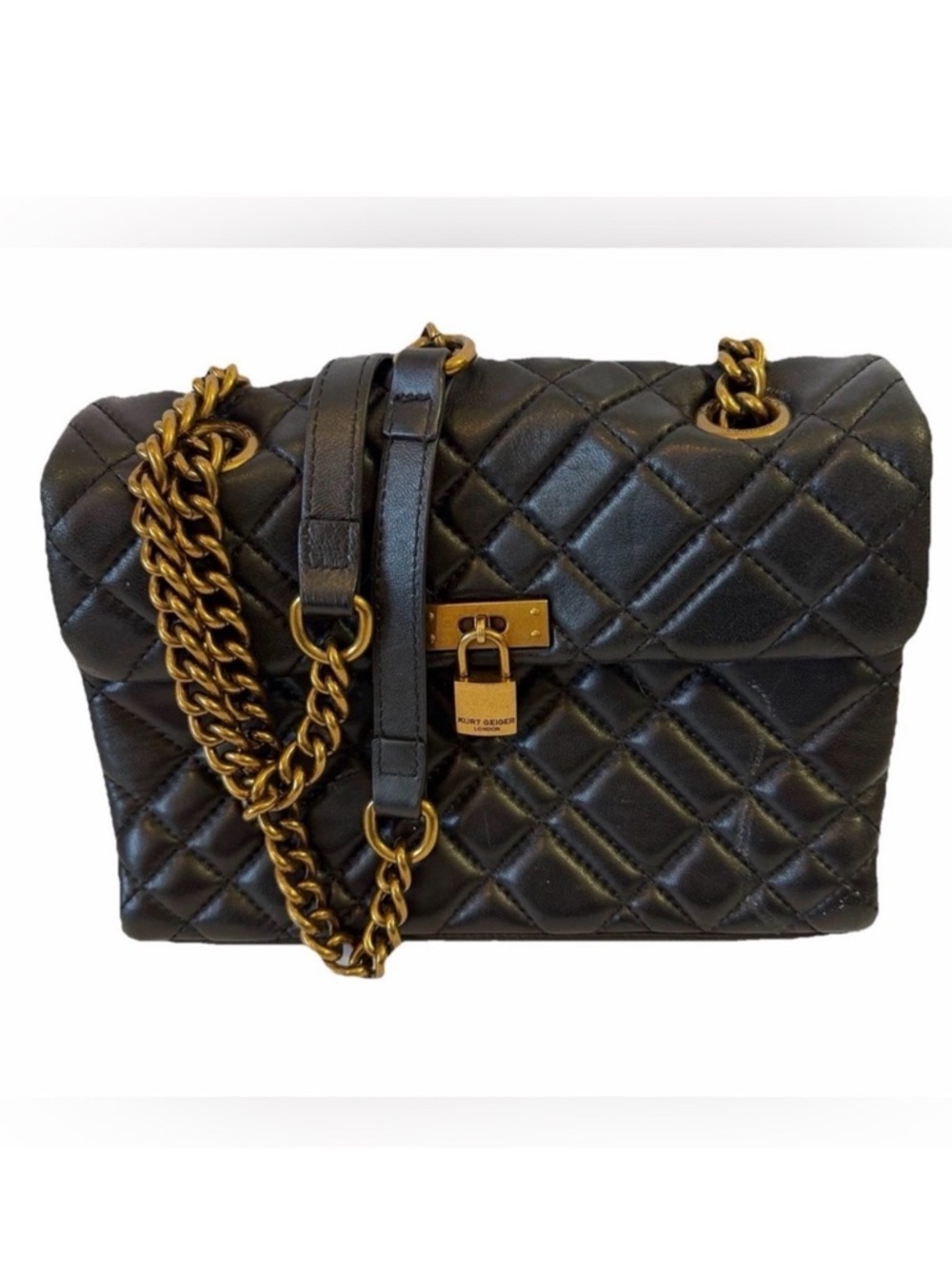 Kurt Geiger Brixton Quilted Lock Bag Black Patent Leather Shoulder Classic